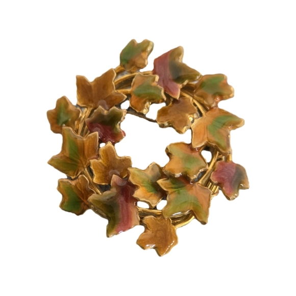 Fall Leaf Enamel Brooch, Gold Tone - Picture 1 of 5